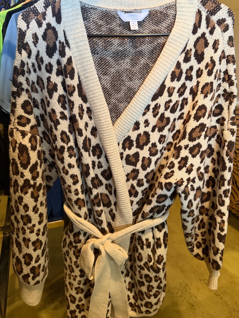 Time and Tru Leopard Print Wrap Sweater in Cream and Brown